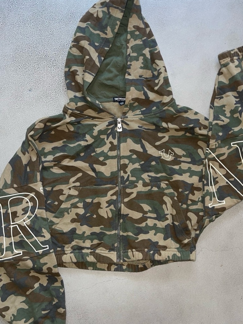 True Religion Camo Zip-Up Hoodie in Olive & Brown